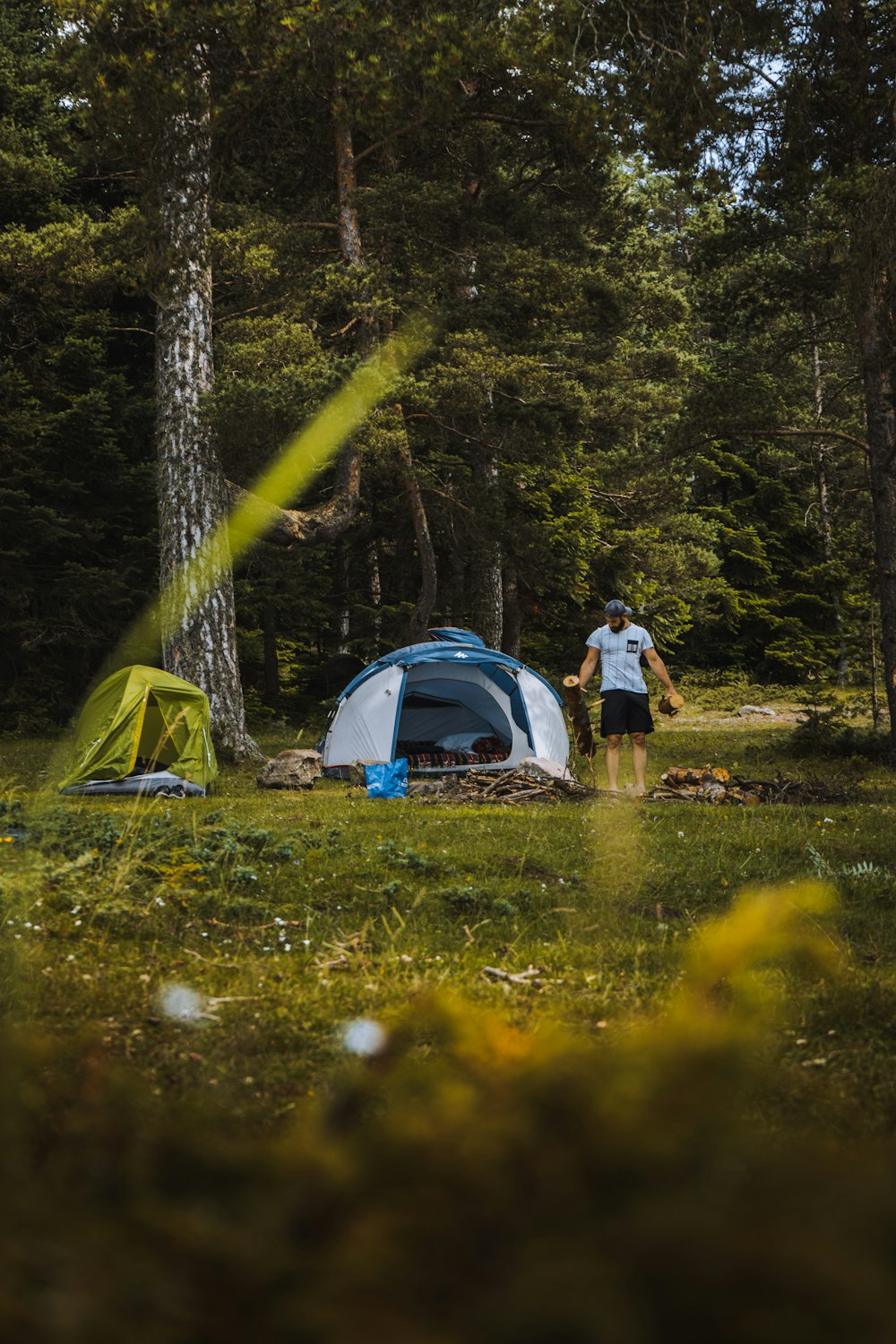 people standing near blue dome tent in forest during daytime