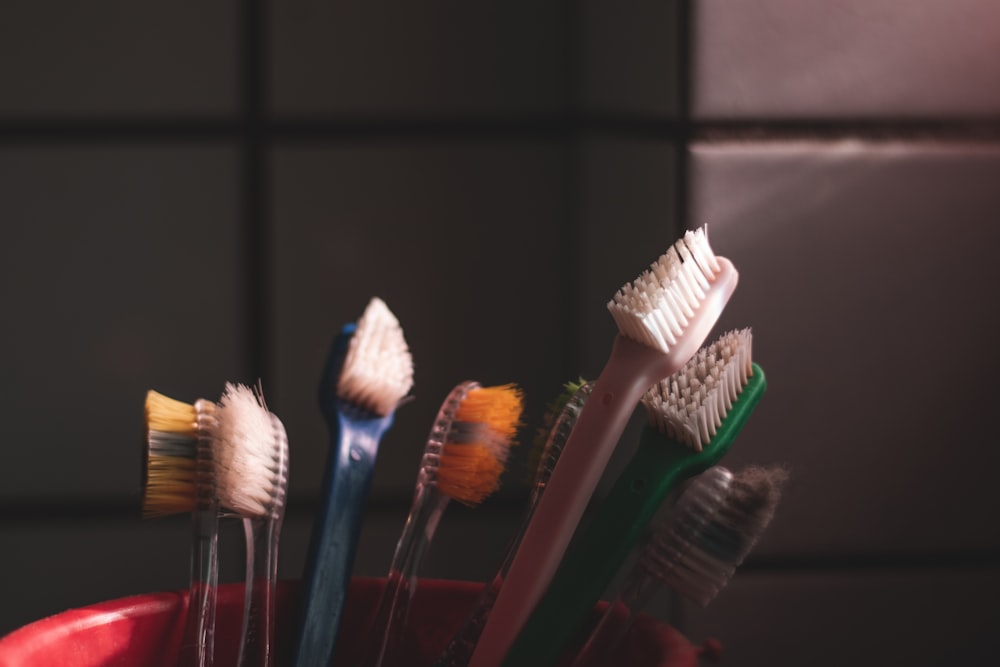 red green and white toothbrush
