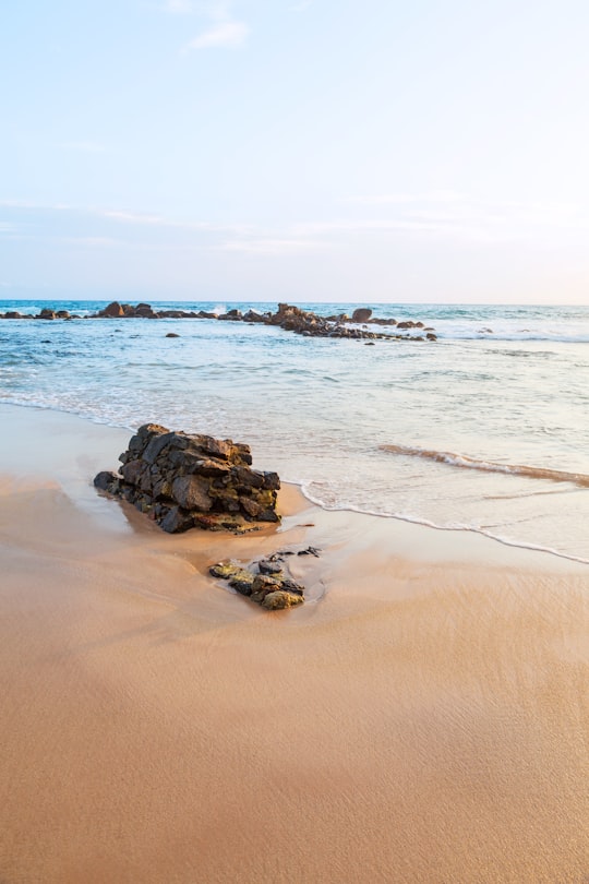brown rock formation on seashore during daytime in Mirissa Sri Lanka