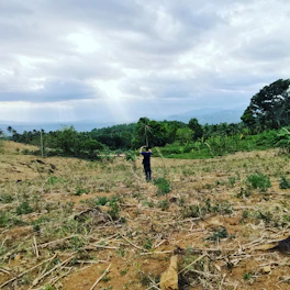 A friendly Terravise team member taking up-to-date photos of a remote piece of raw land under a clear blue sky.