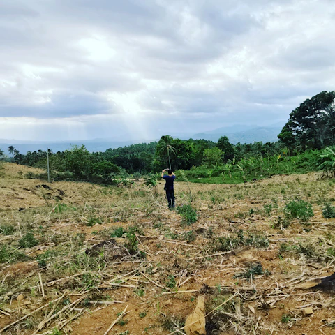 A friendly Terravise team member taking up-to-date photos of a remote piece of raw land under a clear blue sky.