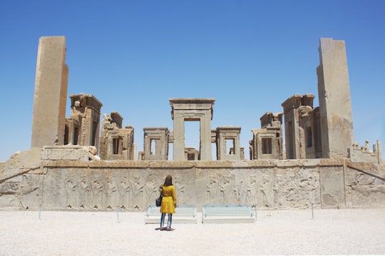 woman in yellow jacket walking on white snow field during daytime in Shiraz Iran