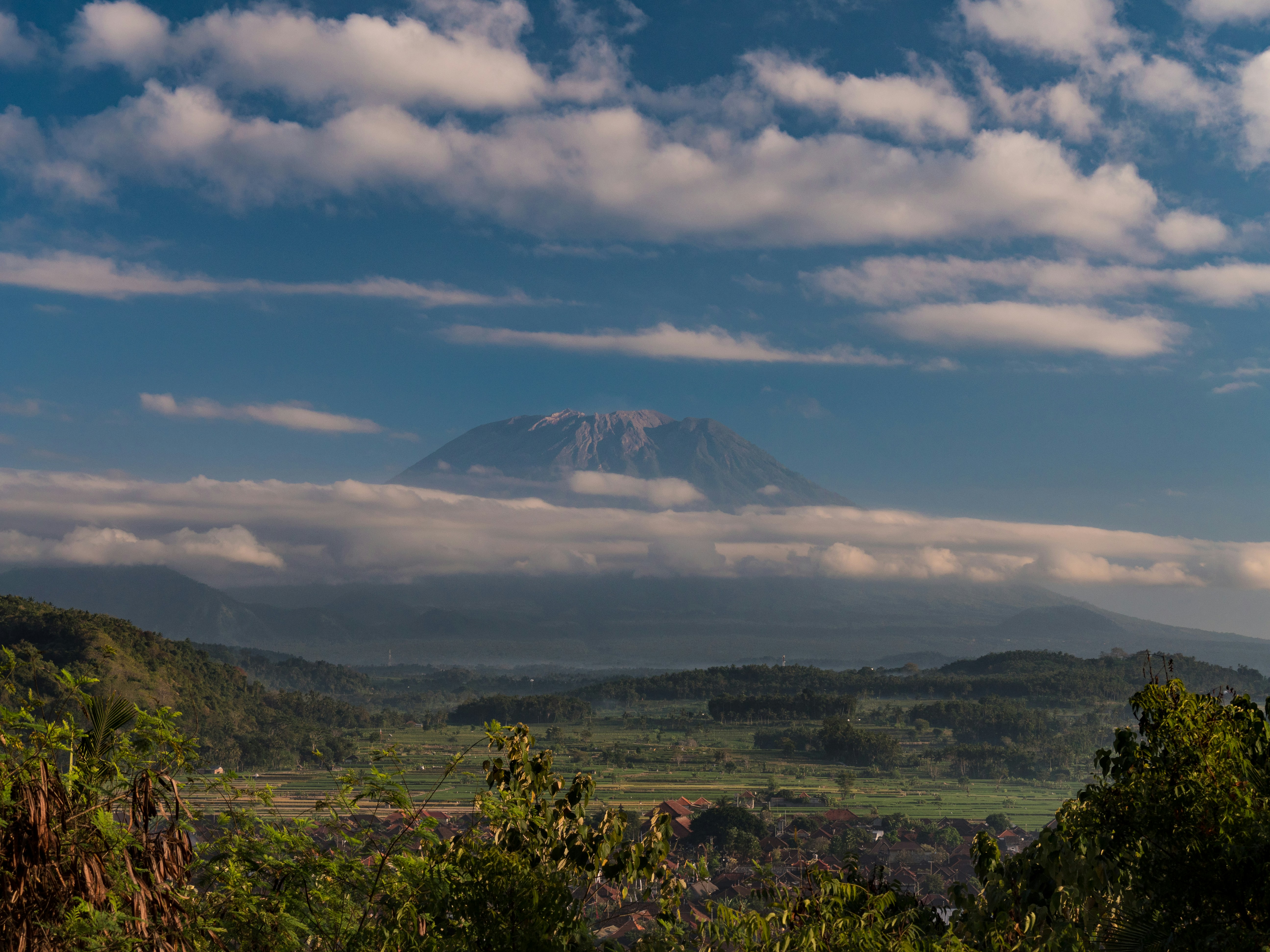 Green trees near mountain under white clouds and blue sky during ...