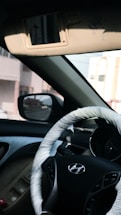 A view of a car interior is visible, focusing on the steering wheel with a wrapped cover displaying the Hyundai logo. The dashboard and interior door controls are also visible. Sunlight casts shadows, enhancing the vehicle's features. The outside street view can be seen through the side mirror and window, featuring nearby buildings.