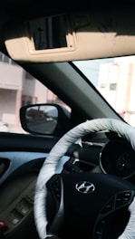 A view of a car interior is visible, focusing on the steering wheel with a wrapped cover displaying the Hyundai logo. The dashboard and interior door controls are also visible. Sunlight casts shadows, enhancing the vehicle's features. The outside street view can be seen through the side mirror and window, featuring nearby buildings.