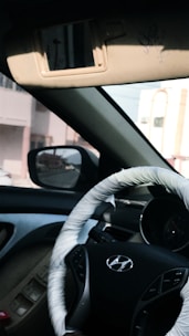 A view of a car interior is visible, focusing on the steering wheel with a wrapped cover displaying the Hyundai logo. The dashboard and interior door controls are also visible. Sunlight casts shadows, enhancing the vehicle's features. The outside street view can be seen through the side mirror and window, featuring nearby buildings.