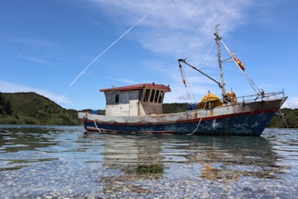 A sleek fishing boat anchored near a calm lake at sunrise, ready for a day of fishing.