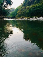 A peaceful river flowing gently, reflecting calm and spiritual renewal.