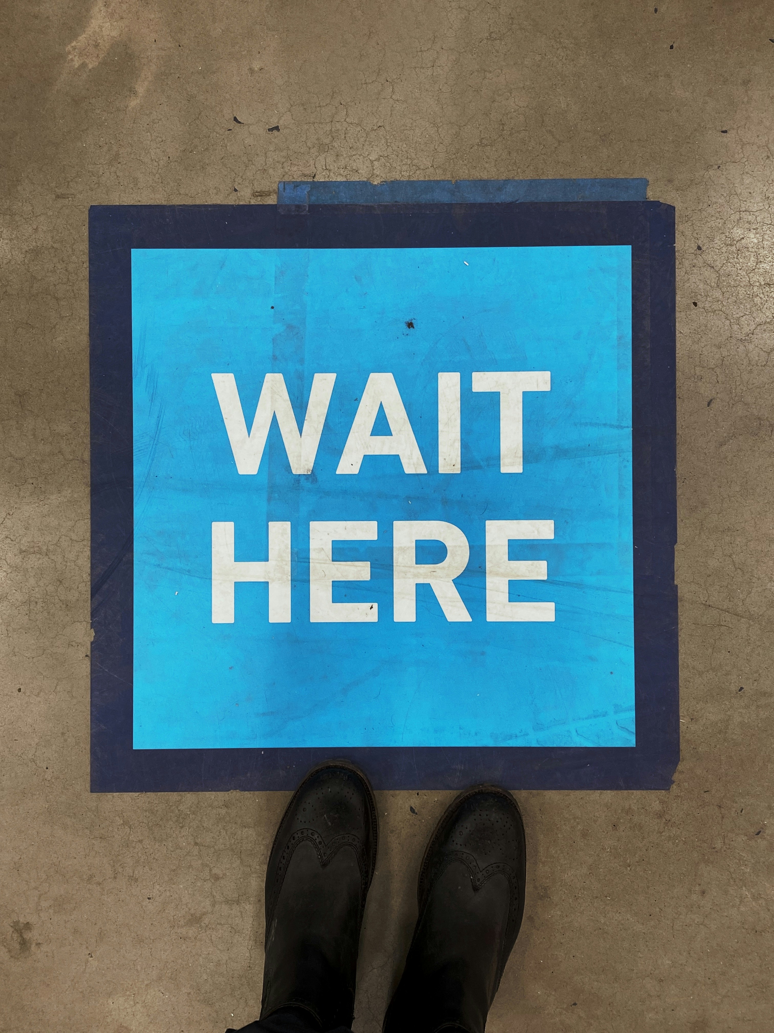 A blue sign that says wait here on the floor photo – Free Human Image ...