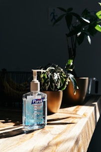 A bottle of Purell Advanced hand sanitizer is placed on a wooden table, illuminated by natural light. In the background, potted plants add greenery, while shadows and highlights create a contrasting effect.
