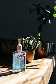 A bottle of Purell Advanced hand sanitizer is placed on a wooden table, illuminated by natural light. In the background, potted plants add greenery, while shadows and highlights create a contrasting effect.