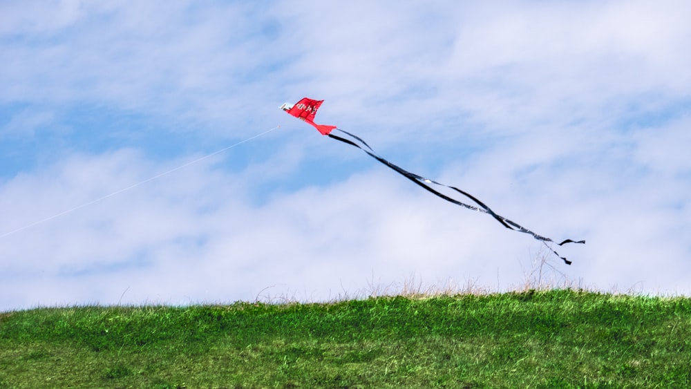 red flag on green grass field under blue sky during daytime