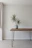Close-up of a minimalist birch end table with clean lines, styled with a small plant and a modern lamp.