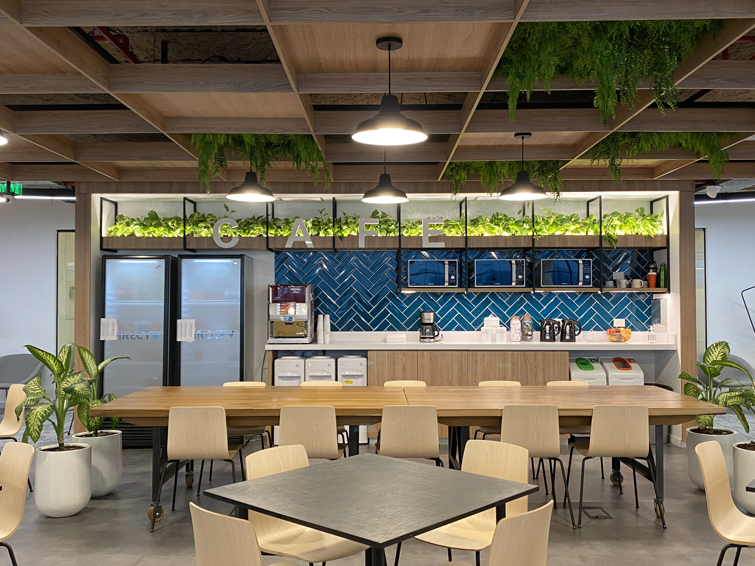 Bright cafe with long wooden tables, chairs and hanging plants