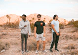 Vibrant New Mexico desert landscape with a group of friends chilling in streetwear.