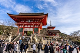 people walking on red and brown temple during daytime