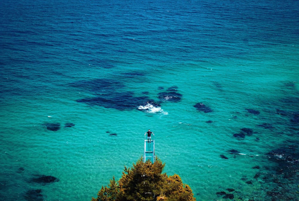 white and brown lighthouse on island surrounded by green trees and body of water during daytime