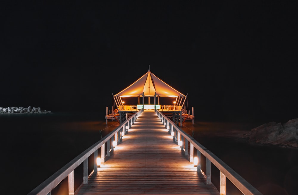 brown wooden dock with lights during night time