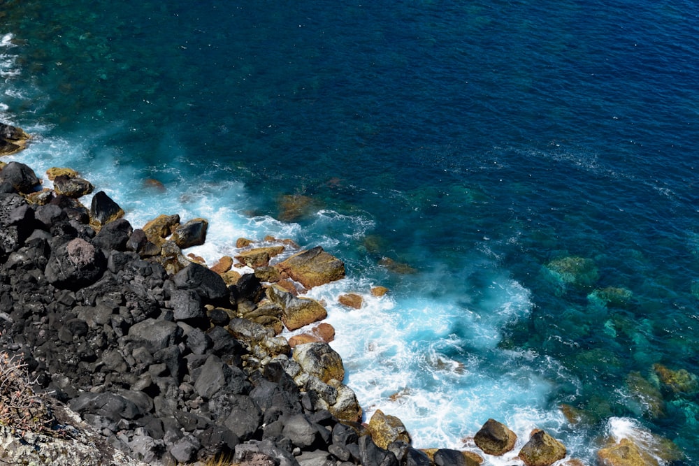 brown rocky shore with blue water