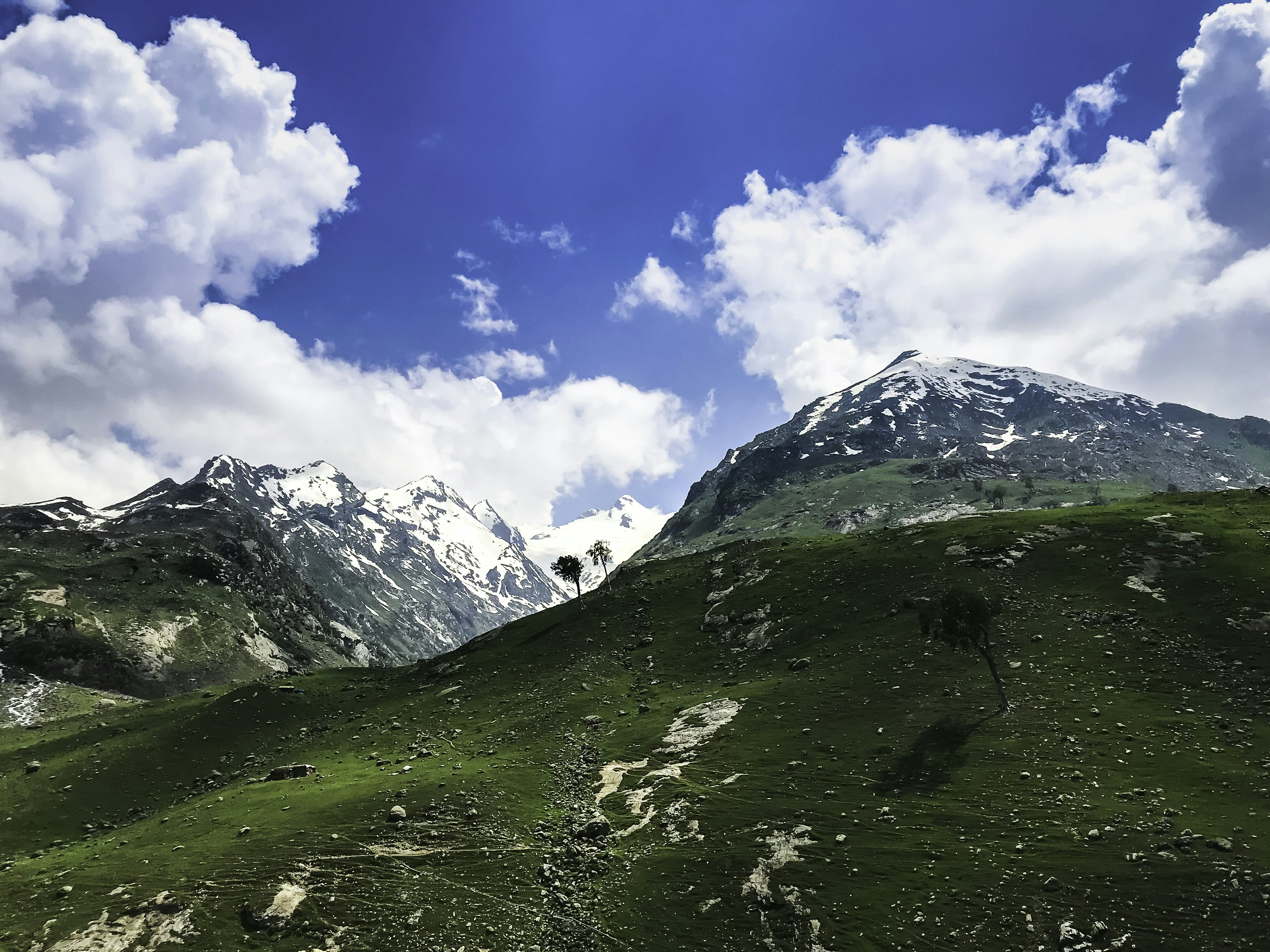 green grass field near snow covered mountain under blue sky during daytime