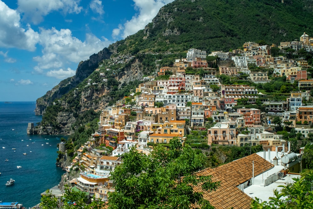 houses on mountain near body of water during daytime