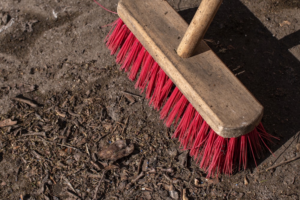 brown wooden handled brush on brown soil