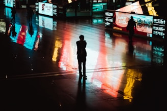 silhouette of person walking on sidewalk during night time