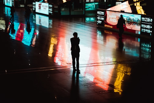 silhouette of person walking on sidewalk during night time