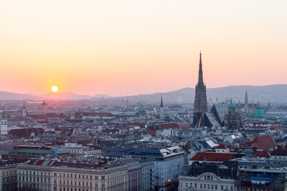 aerial view of city buildings during sunset