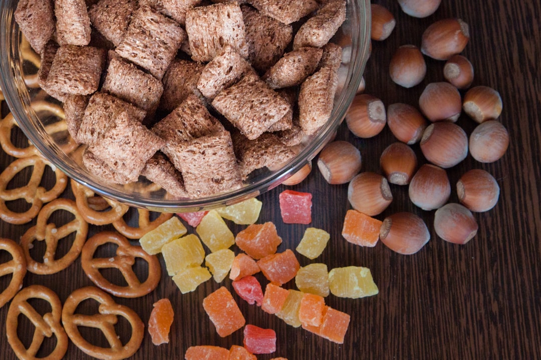 brown and red food on clear glass bowl