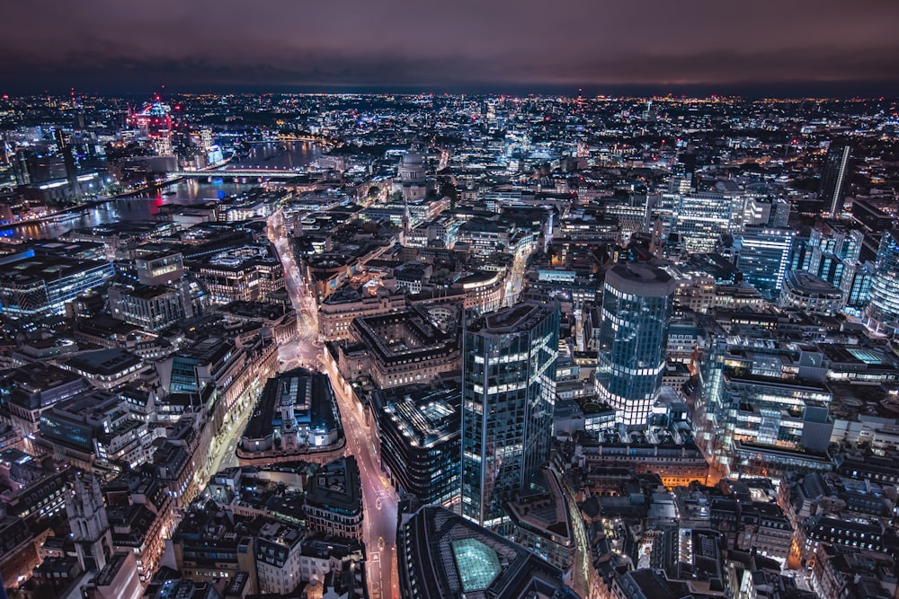 aerial view of city buildings during night time