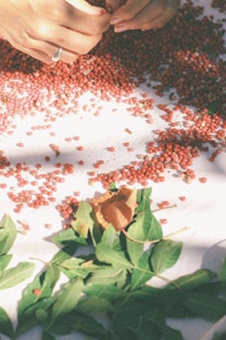 red and black beads on white ceramic plate