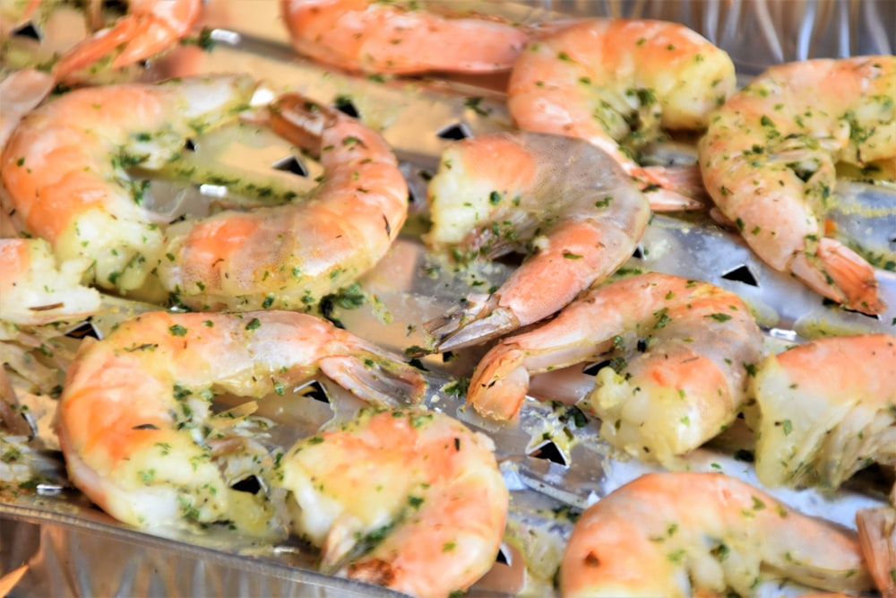 cooked shrimps on stainless steel tray