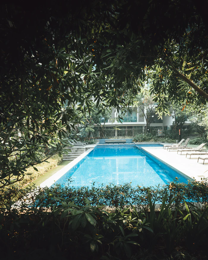 The pool in the evening, surrounded by trees