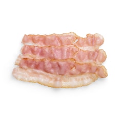 Four strips of bacon are laid out flat against a white background. The bacon appears to have been cooked, exhibiting a slight crispiness along the edges while retaining some pink coloration in the center.