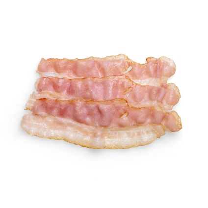 Four strips of bacon are laid out flat against a white background. The bacon appears to have been cooked, exhibiting a slight crispiness along the edges while retaining some pink coloration in the center.