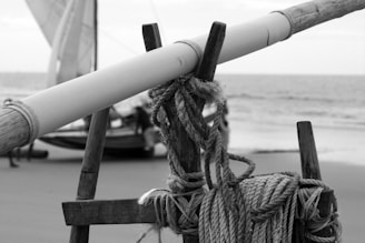 Close-up of sailing gear laid out on a wooden dock with the sea in the background