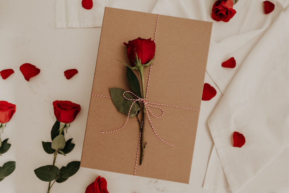 Rose rouge sur enveloppe marron