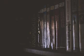 A shadowy bookshelf filled with dark fantasy and mystery novels under soft moody lighting.
