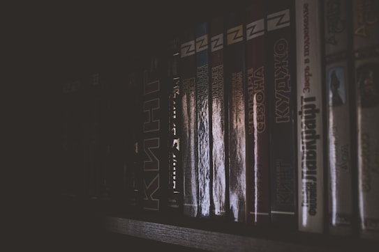 A dimly lit bookshelf with a row of books lined up, showing mainly the spines of the books which are mostly dark with some reflective surfaces. The lighting creates a moody and mysterious atmosphere.