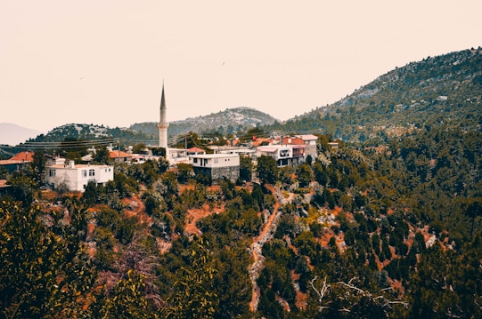 A small village is nestled in a mountainous landscape. The village features a prominent mosque with a tall minaret, surrounded by houses scattered across the hillside. The vegetation appears lush, and the hills in the background create a picturesque setting.