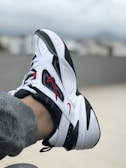 A white and black sneaker with red accents is prominently presented. The shoe features a distinctive red swoosh logo, and appears to be worn on a person's foot wearing gray pants. The background is blurred, suggesting an outdoor setting.