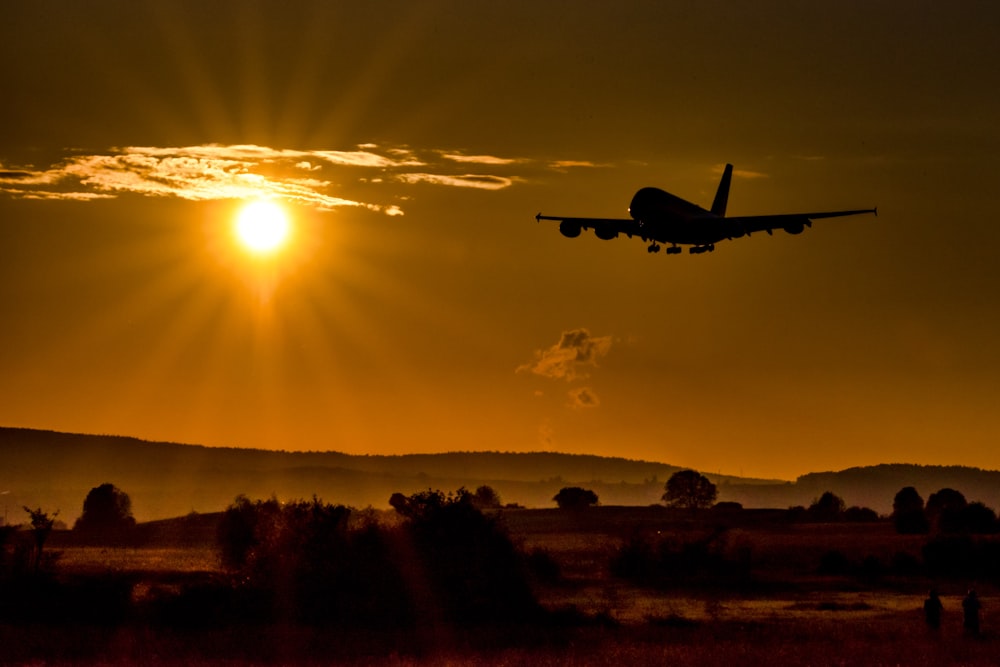 Silueta del avión que vuela sobre el campo durante la puesta del sol