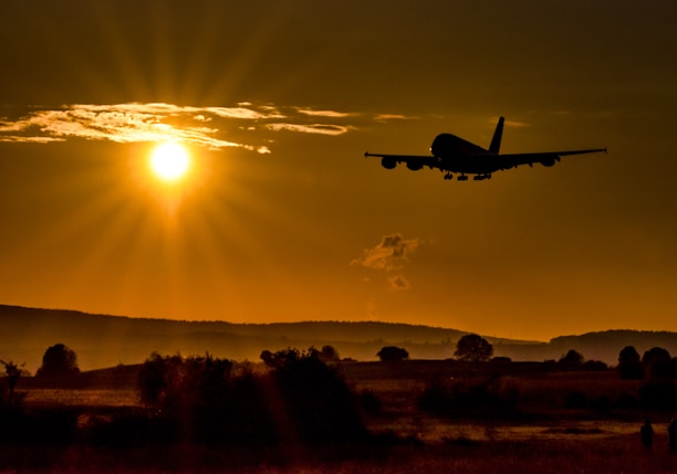 silhouette of airplane flying over the field during sunset