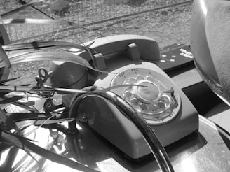 A vintage rotary dial telephone is placed on a reflective surface with some leaves partially covering it. The scene seems to be indoors, possibly by a window, as natural light casts shadows on the phone and surrounding objects.