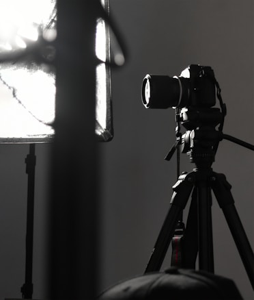 A professional camera is mounted on a tripod, positioned next to a large, soft light diffuser. The scene presents a typical photography studio setup, with focus on the camera equipment and lighting.