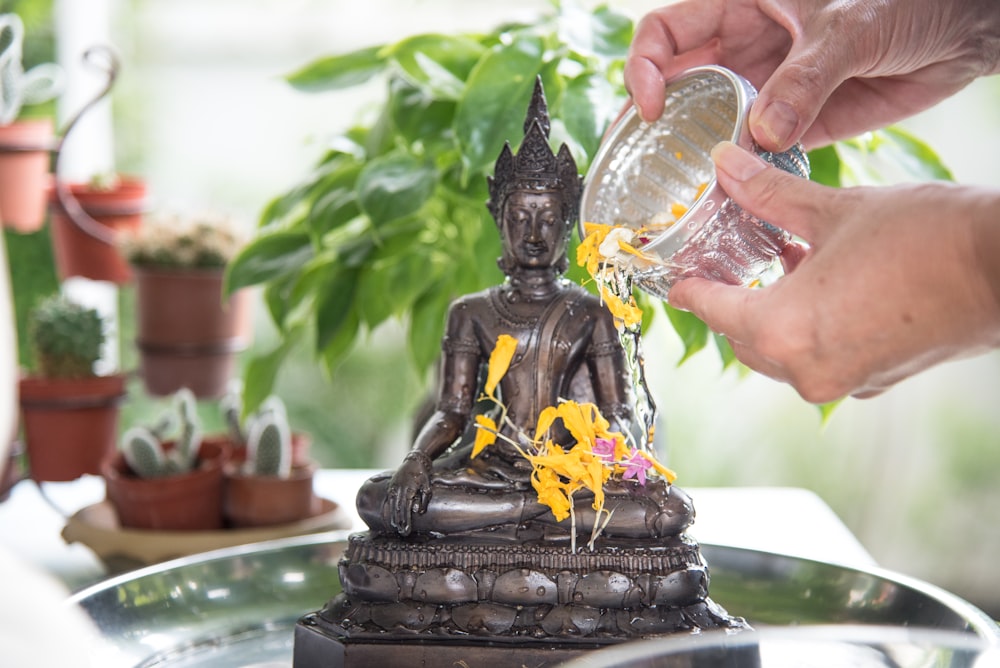 person holding clear glass jar with yellow flowers