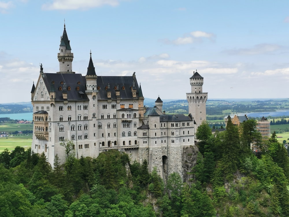 white and gray concrete castle surrounded by green trees under blue sky during daytime