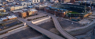 Aerial view of a sports entertainment district.