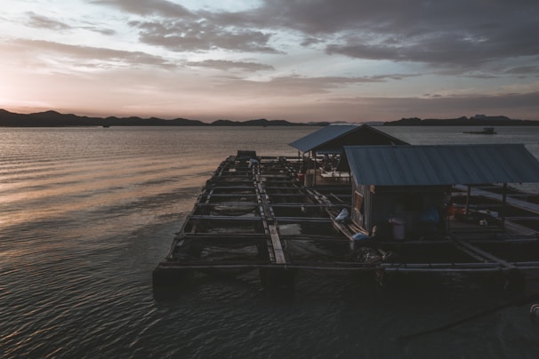A vibrant sunset over a sustainable fish farm, reflecting harmony.